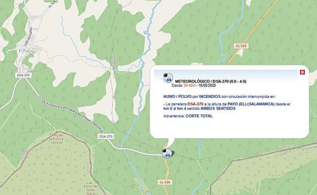Carretera cortada cerca de El Payo en Salamanca.