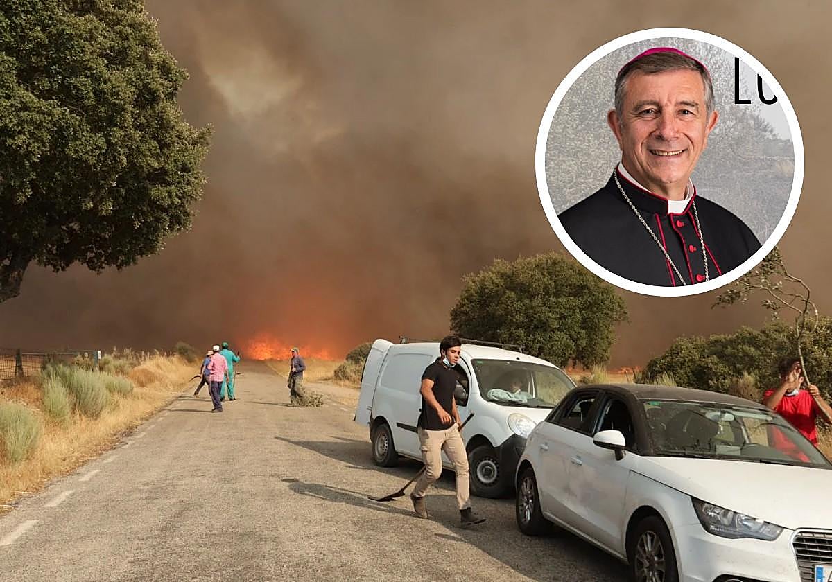 Imagen del incendio de Cipérez y, a la derecha, arriba, el obispo José Luis Retana.