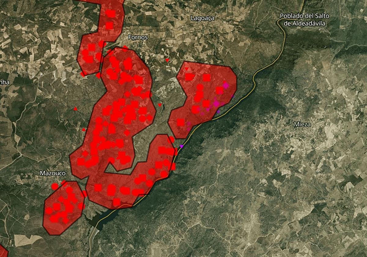Situación de los incendios de Portugal próximos a Mieza (Salamanca) este domingo desde el satélite Copernicus.