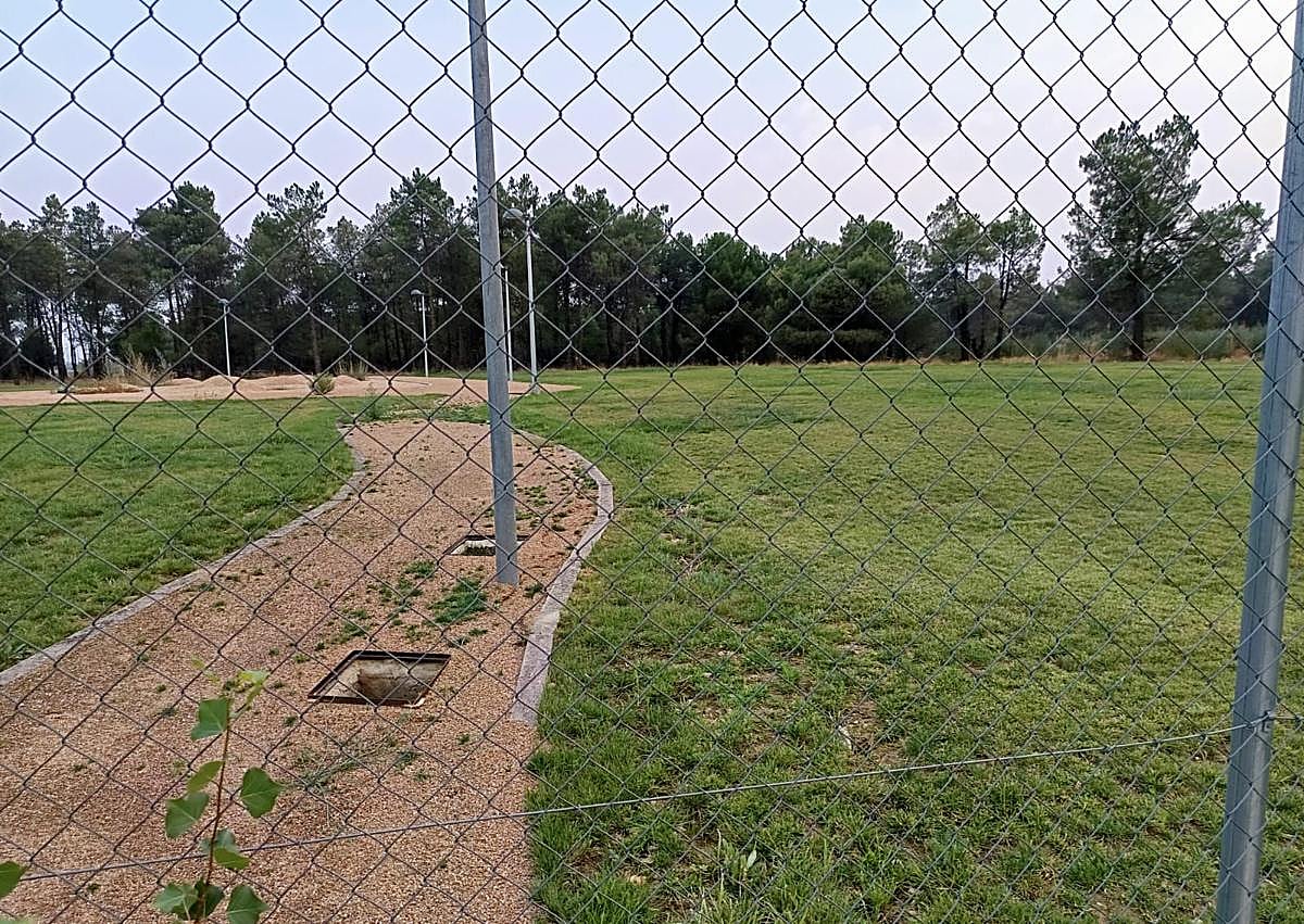 Imagen secundaria 1 - Cartel de la inmobiliaria que ha intentado vender el terreno, césped y una acera de la urbanización, sin estrenar.