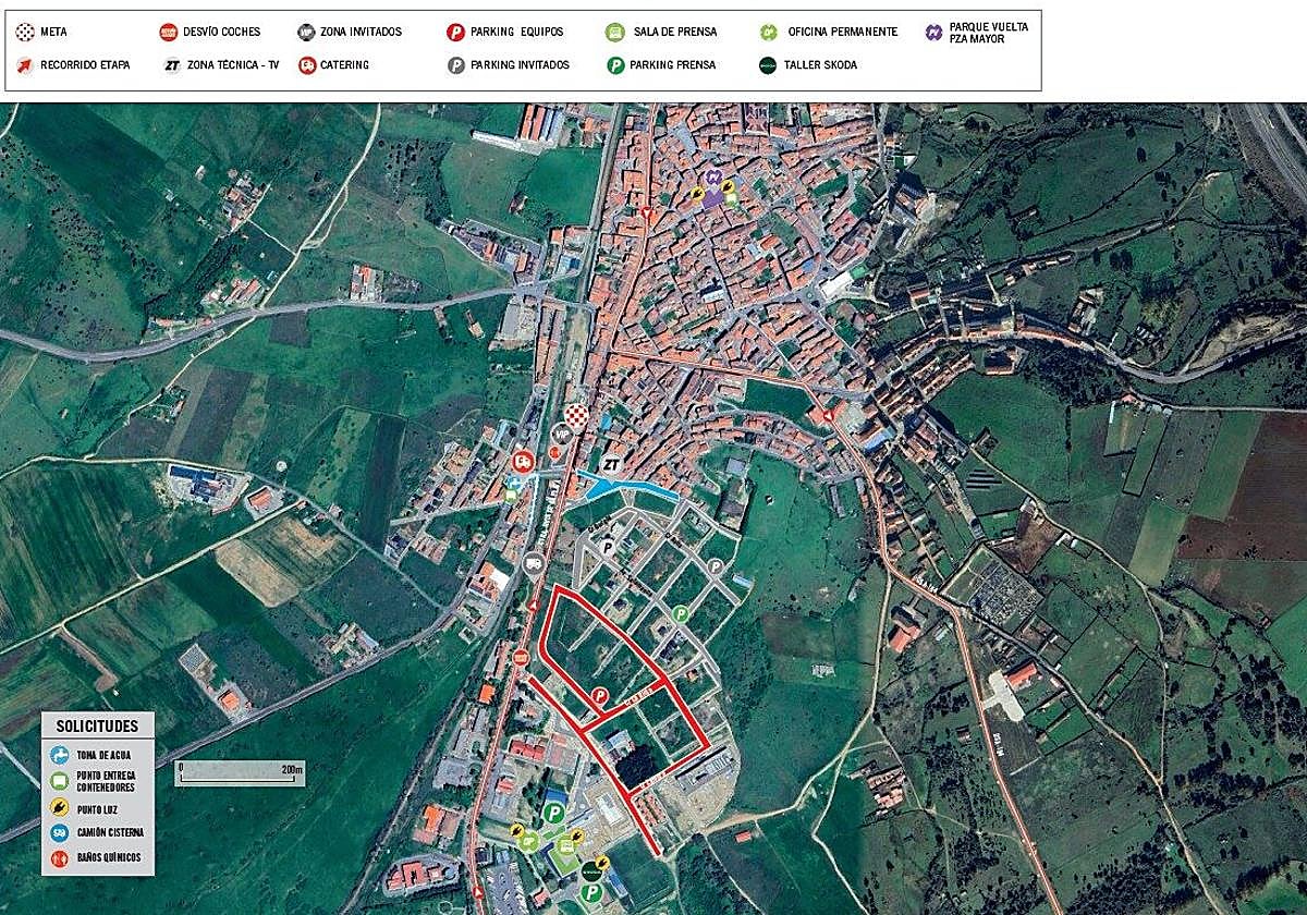 Ubicación de la meta, del parking de los equipos y de toda las instalaciones de la Vuelta en Guijuelo.