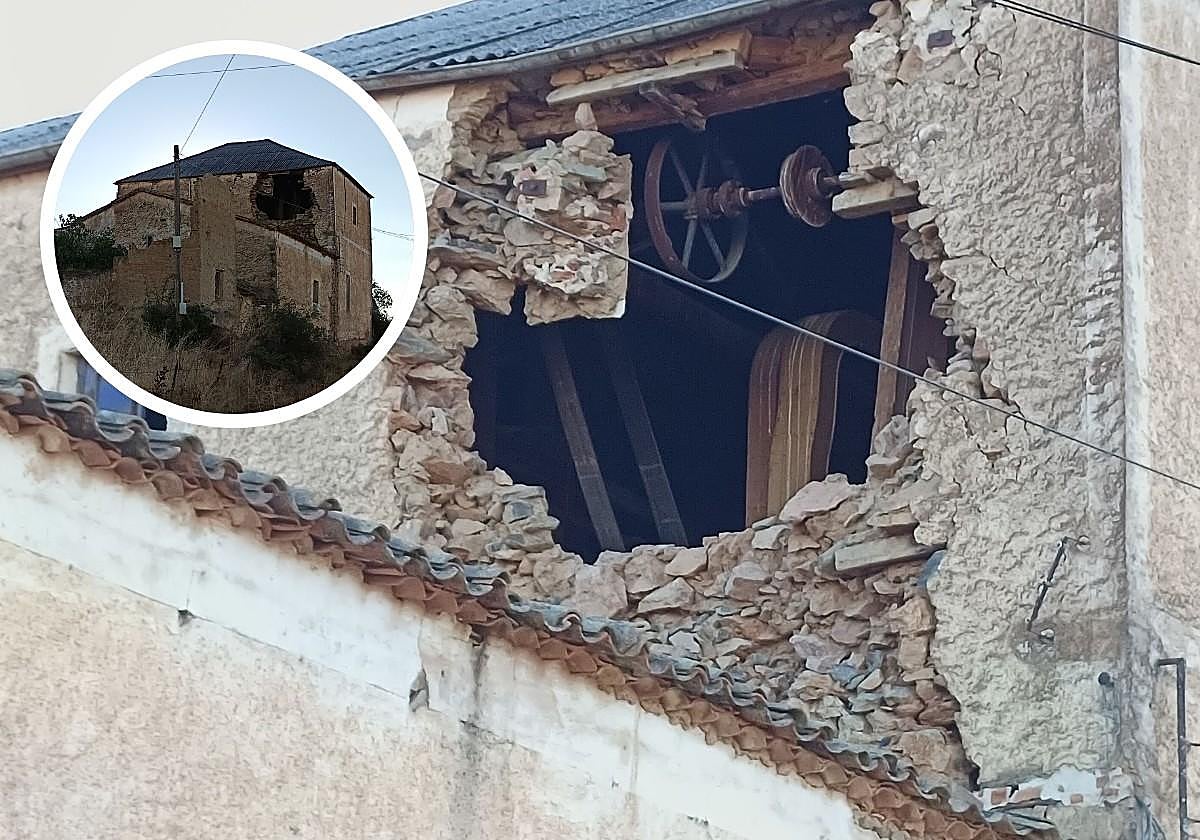 Edificio principal y boquete en su pared por el que se ve la maquinaria.