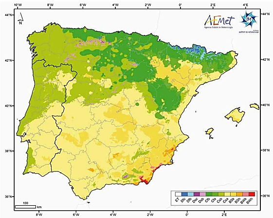 Figura 6 de la Revista de Estudios escrita por José Abel Flores. Mapa de la península Ibérica (Atlas climático ibérico-AEMET) en el que se muestra la distribución en la península Ibérica de las categorías climáticas estándar