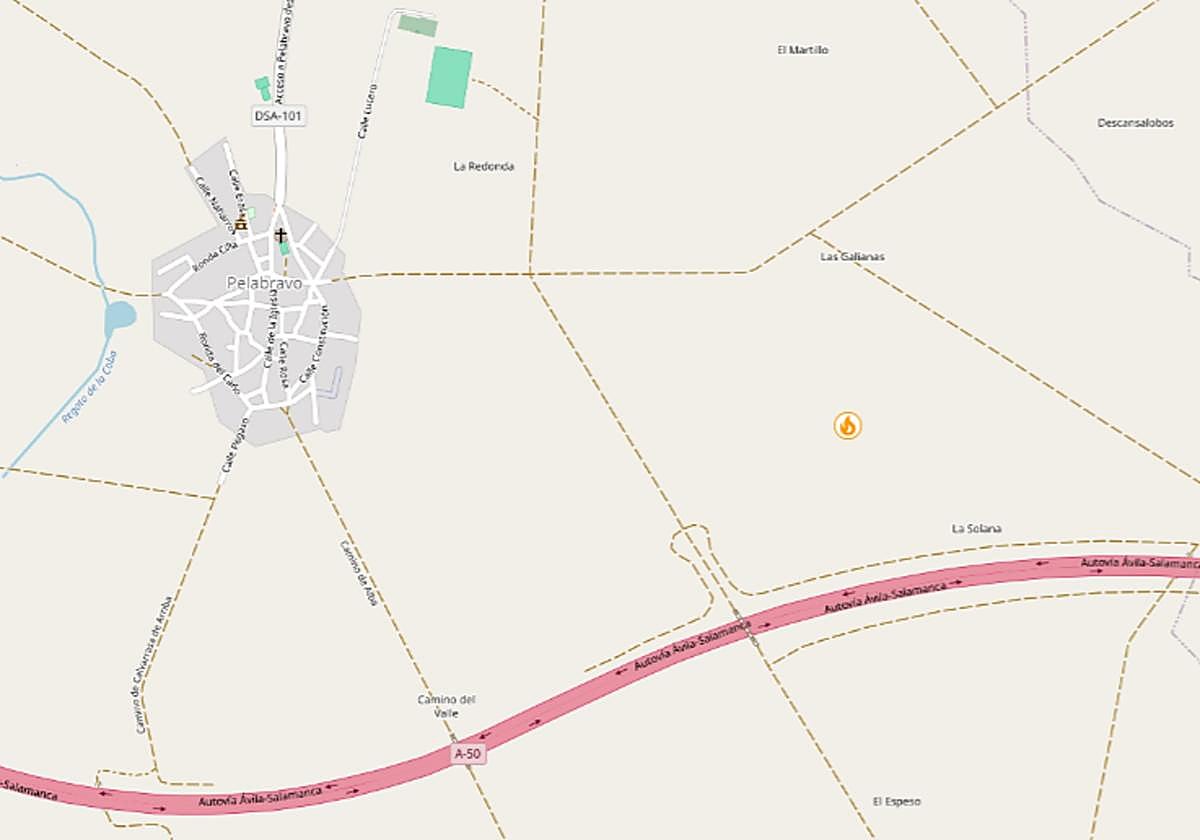 uBICACIÓN Ubicación del incendio forestal, junto a la autovía A-50 a su paso por Pelabravo.