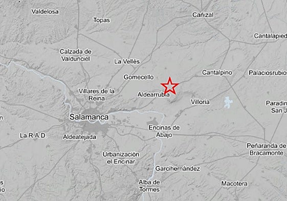 Mapa donde se registró el epicentro del terremoto en Salamanca, en la localidad de Cabezabellosa de la Calzada.
