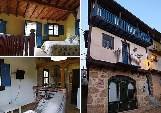 Fachada de la vivienda, interior y una habitación.