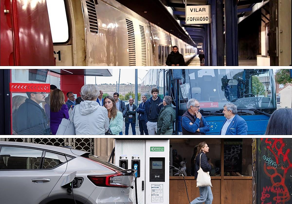 El antiguo expreso de Lisboa, una parada de Buscyl y un punto de recarga de coche eléctrico.