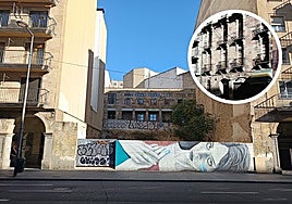 El solar vacío en la Gran Vía y el edificio original que se desmontó al demolerlo.