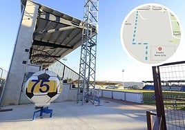 Acceso a las gradas del estadio Reina Sofía y a la derecha, el mapa del nuevo vial.