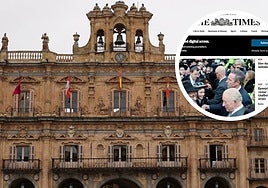 Plaza Mayor de Salamanca y, a la derecha, edición digital de The Times.