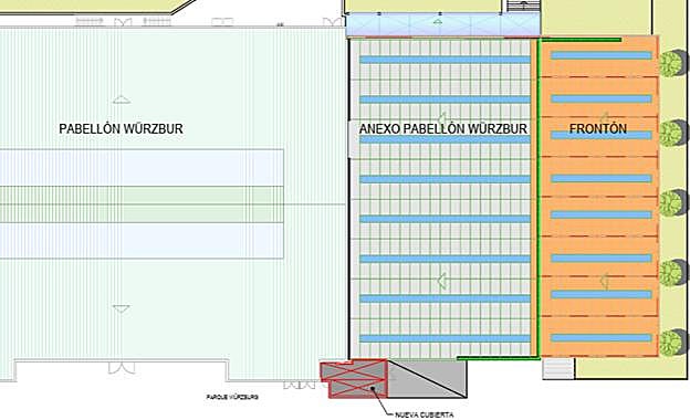 En rojo, ubicación de los nuevos aseos del anexo de Würzburg.