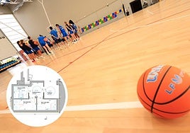 Interrio del pabellón anexo del Würzburg Silvia Domínguez y, a la izquierda, detalle del plano de los baños.