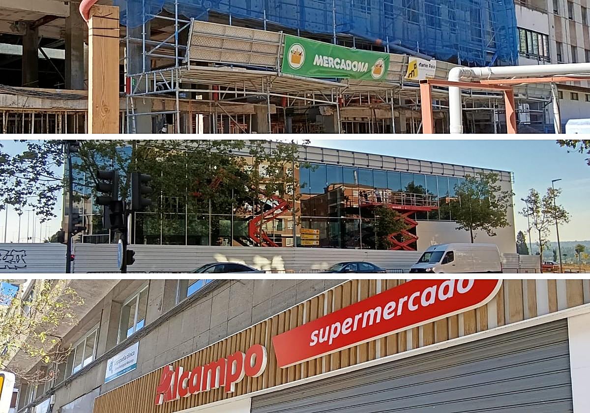 Los edificios en obras de Mercadona, Lidl y Alcampo para sus nuevos supermercados en Salamanca.