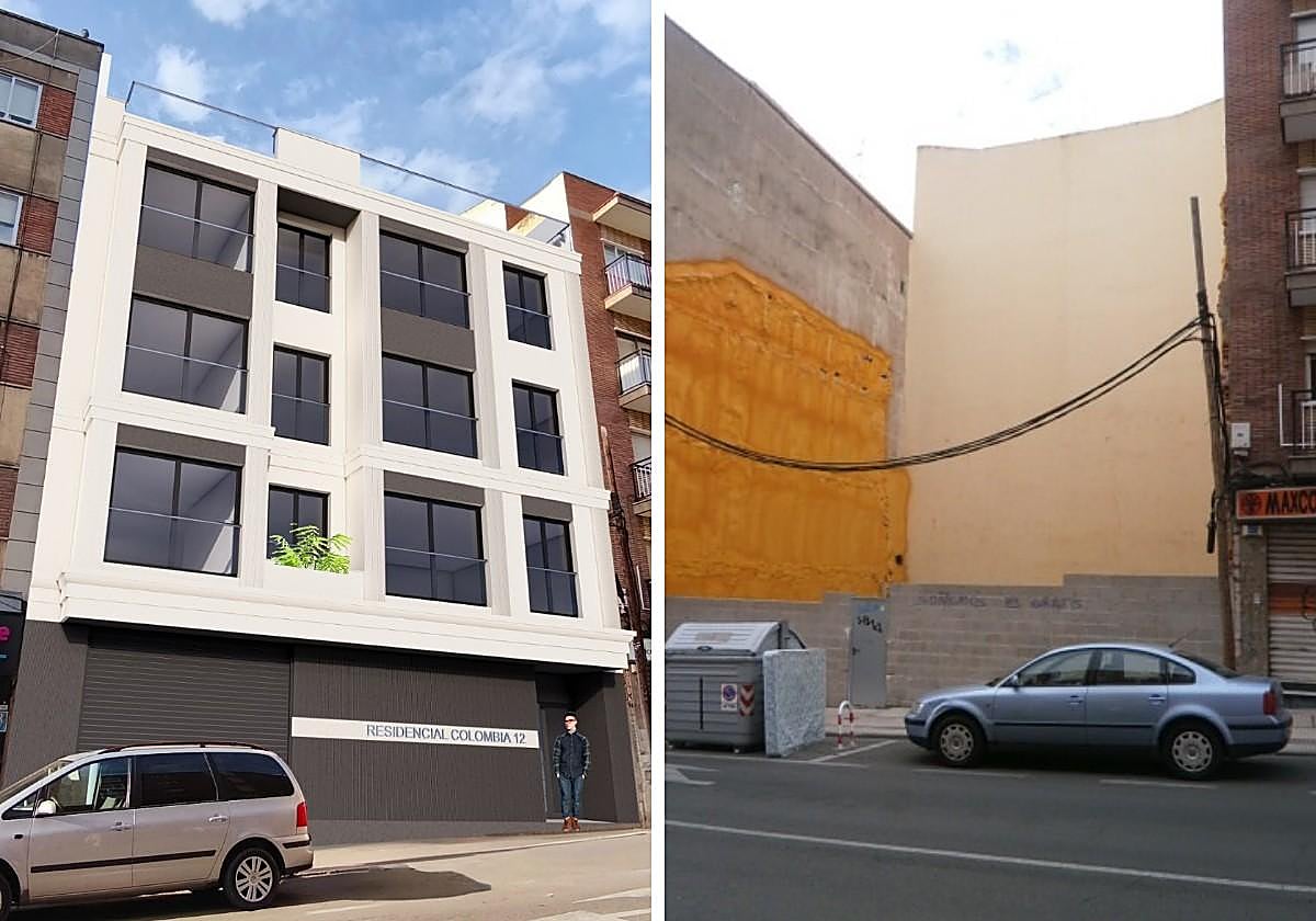 Recreación de la fachada y solar vacío en el que se levantará el edificio.
