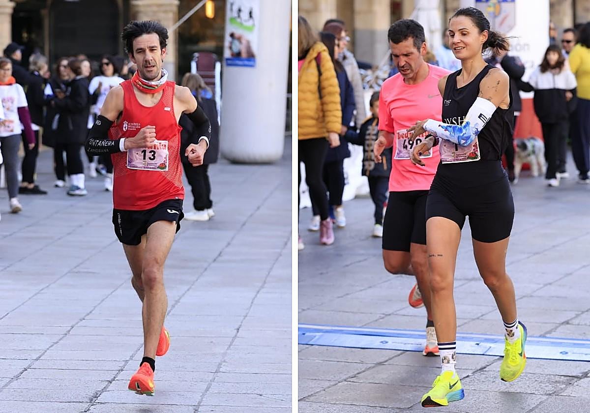 Dani Sanz y Gema Martín -junto a Álvaro Pasán- entran en la línea de meta de la Plaza Mayor como vencedores de sus categorías.