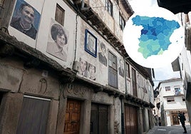 Retratos de Florencio Maíllo en la localidad de Mogarraz y, a la derecha, mapa con la esperanza de vida por provincias en España en 2024.