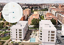 Simulación de las nuevas viviendas con piscina entre el parque infantil y el Lidl.