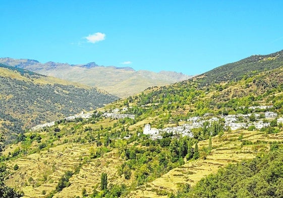 Die Dörfer Bubión und Capileira mit den Gipfeln der Sierra Nevada im Hintergrund.