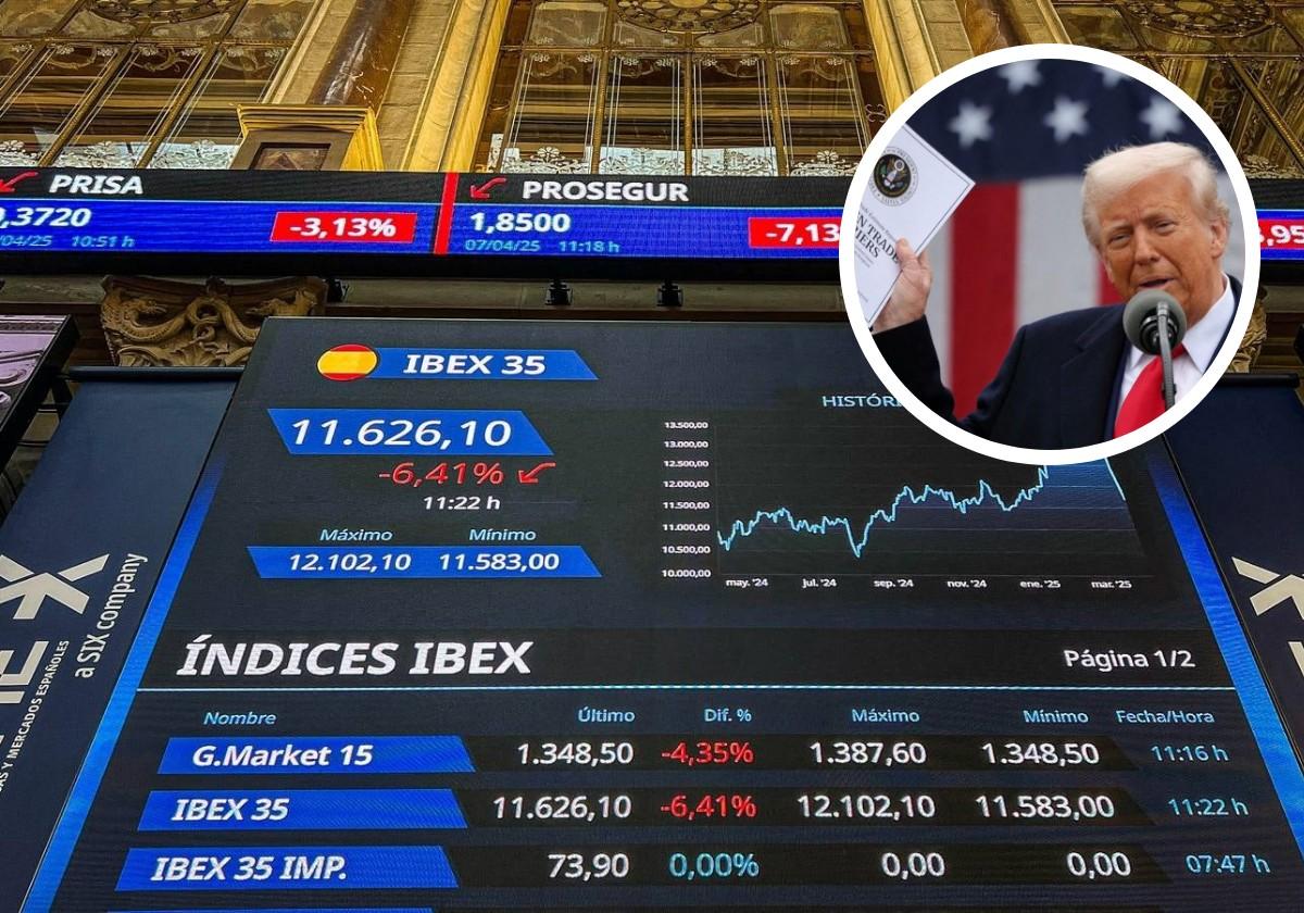 IBEX35-Handelsbildschirme an diesem Montagmorgen und (im Bild) Donald Trump.