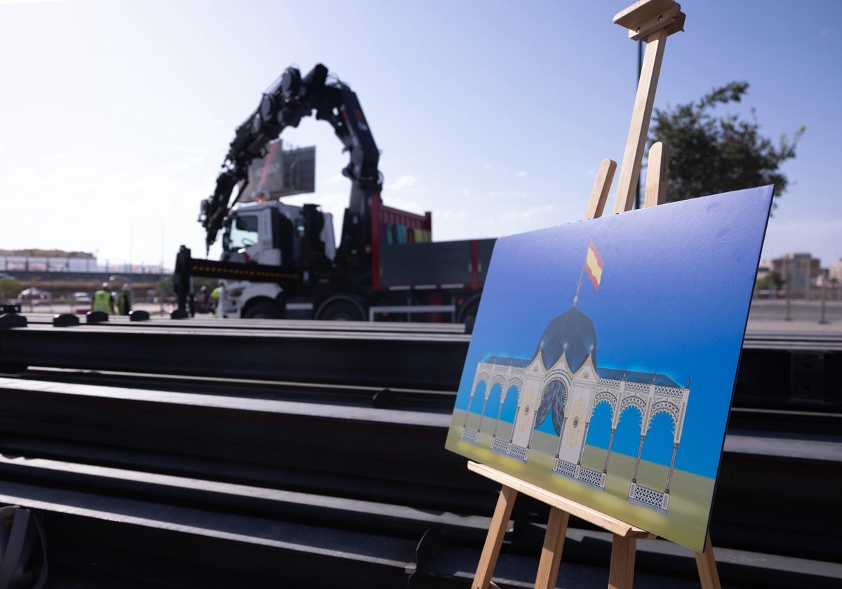 Ein Bild des neuen Eingangstors. Im Hintergrund die ersten Arbeiten zur Installation des Tores.