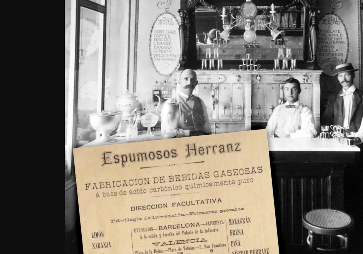 'Soda fountain' oder Erfrischungsgetränkebetrieb in den USA (1899) und Werbung für Espumosos Herranz (gleiche Epoche).