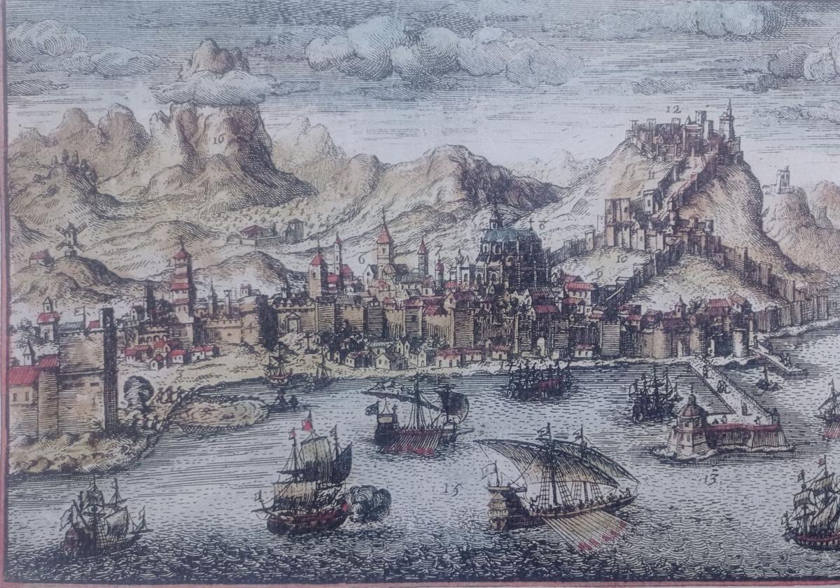 «Málaga vom Meer aus gesehen» von Jacques Chéreau, entstanden um 1770.