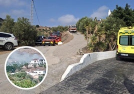 Feuerwehrleute, Guardia Civil und Gesundheitspersonal am Ort des Geschehens. In dem Kreis das betroffene Haus.