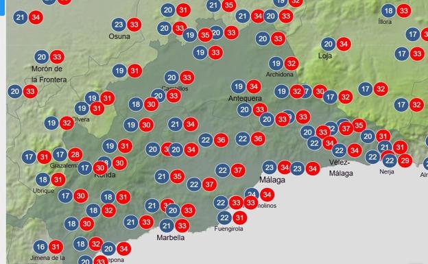 Temperaturvorhersage für Mittwoch in der Provinz Málaga.