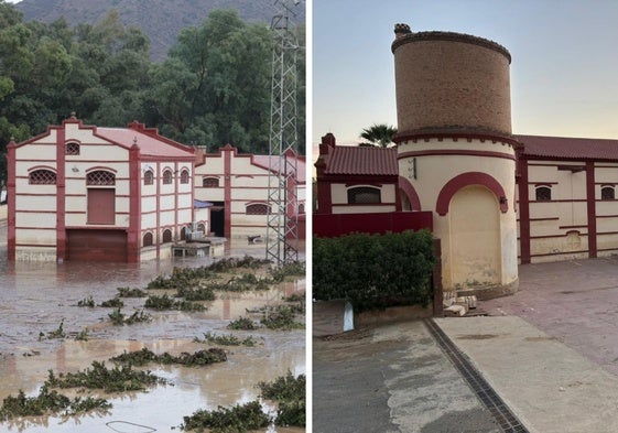 Links ein Gebiet von Álora in der Nähe des Guadalhorce nach dessen Überschwemmung am 30. Oktober 2024 und rechts die gleiche Stelle ein Jahr später.