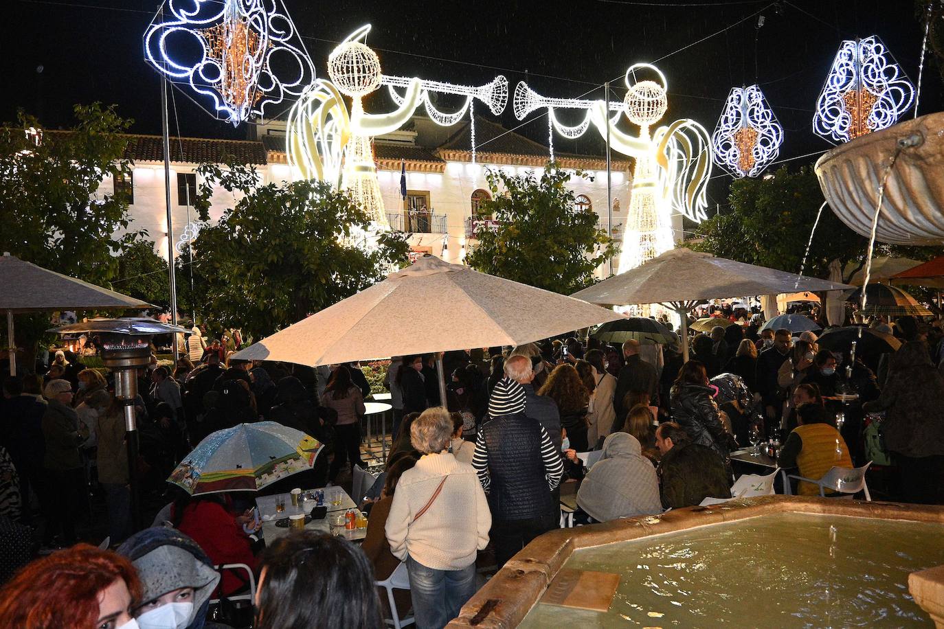 Crowds gathered at Marbella's Christmas lights despite the threat of rain.