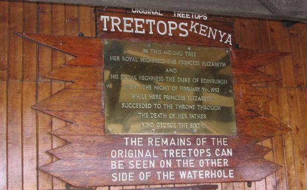 Imagen principal - Billy Beyts, the tree house the royal were staying in in Kenya and the commemoration plaque in its place today.