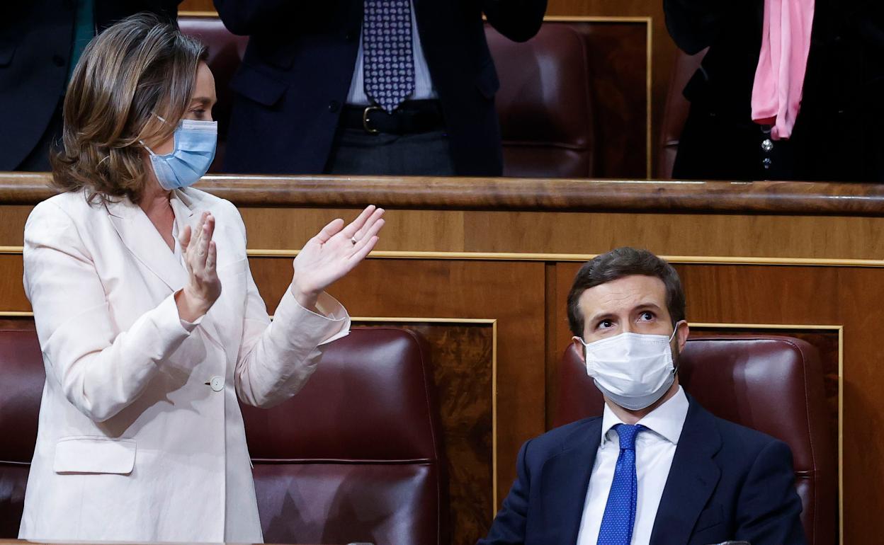 PP leader Pablo Casado receives a standing ovation in Parliament. 