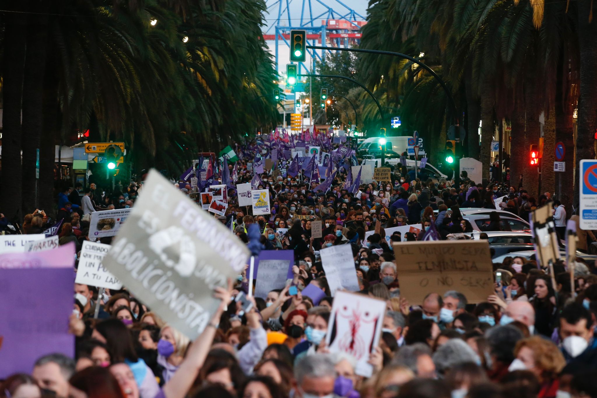 Protestors take to the streets of Malaga on Tuesday, 8 March 2022.