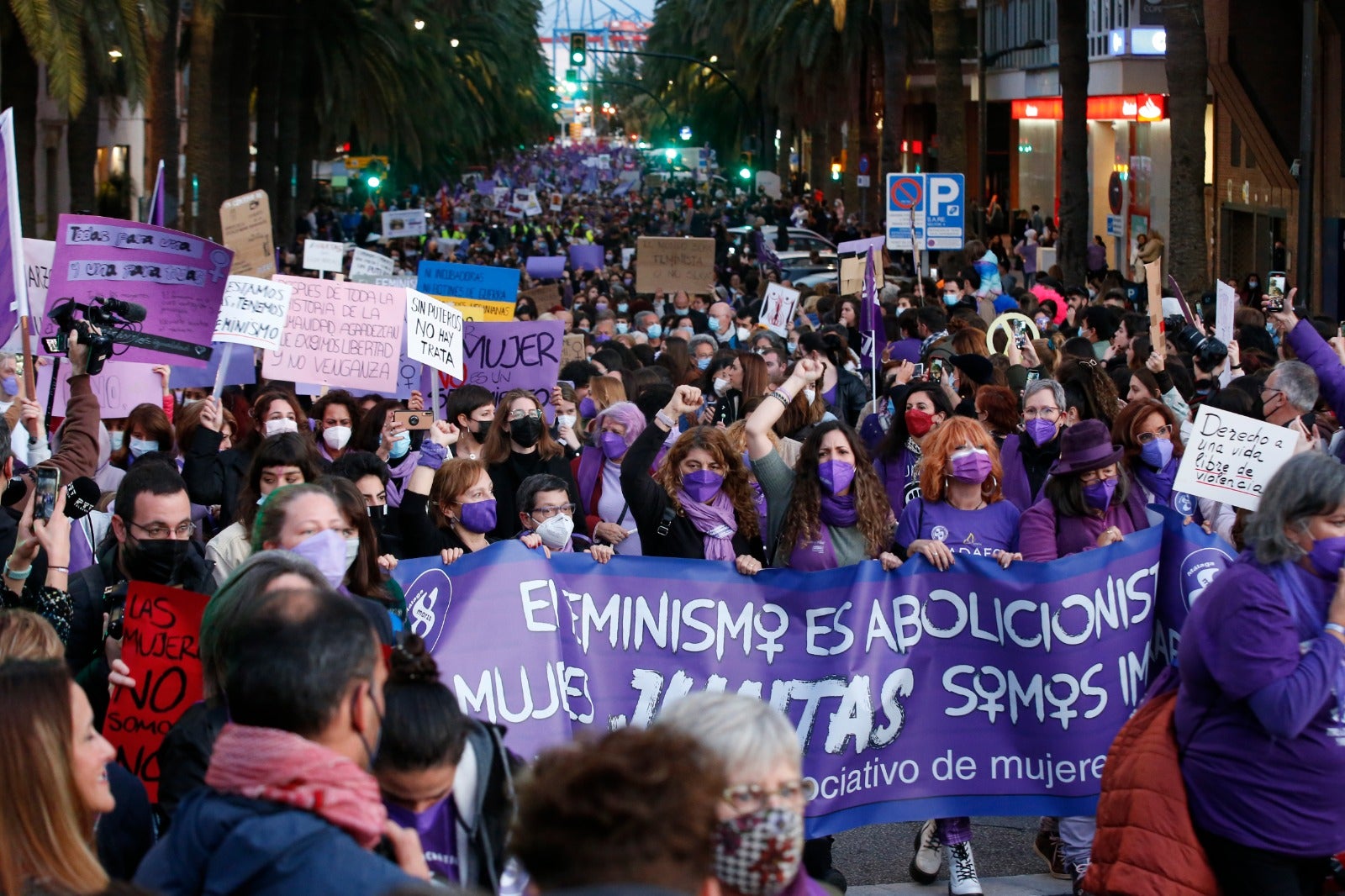 Protestors take to the streets of Malaga on Tuesday, 8 March 2022.
