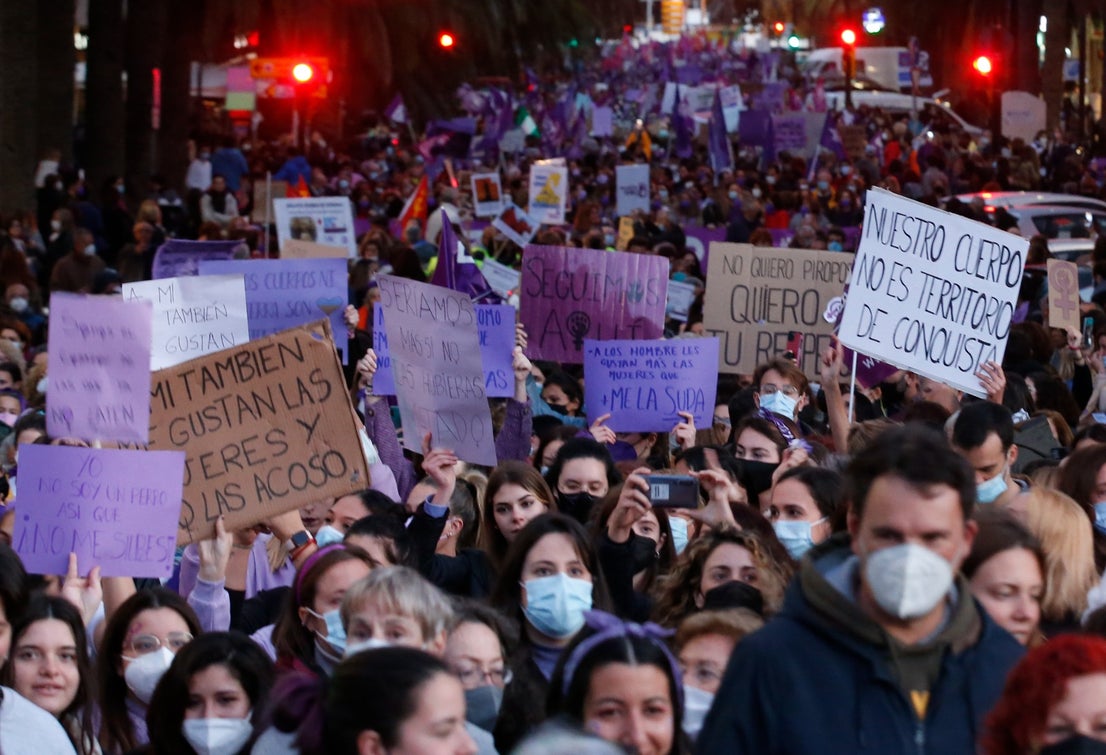 Protestors take to the streets of Malaga on Tuesday, 8 March 2022.