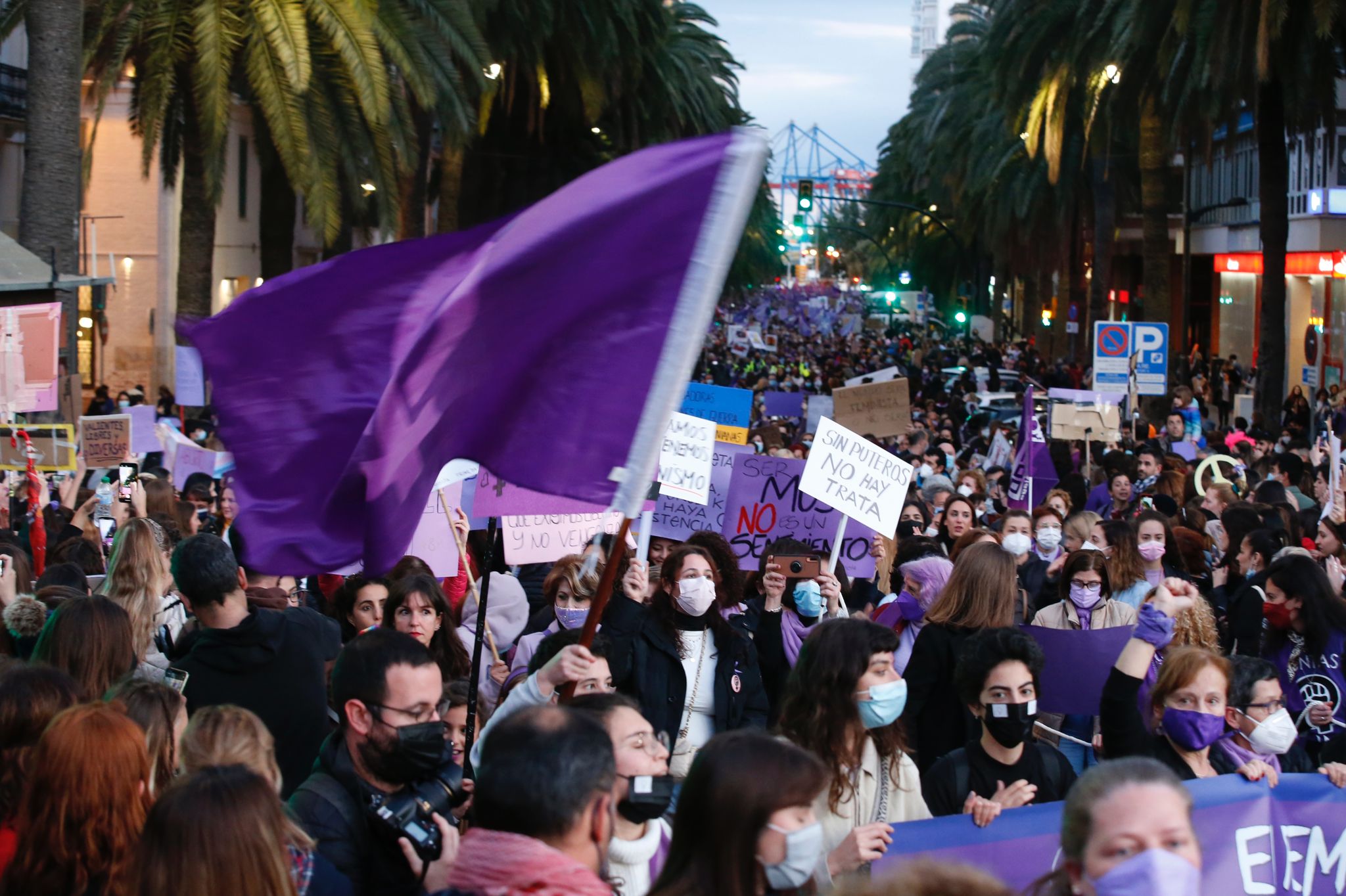 Protestors take to the streets of Malaga on Tuesday, 8 March 2022.