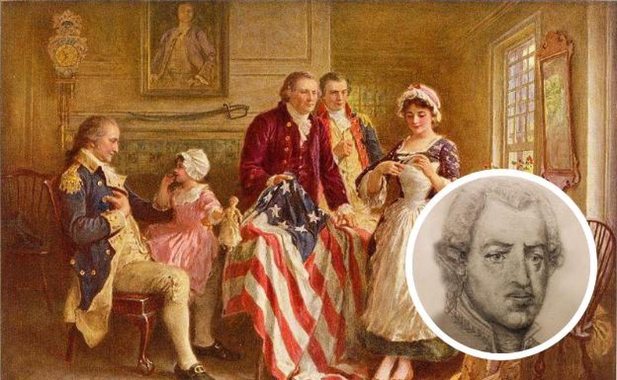 An oil painting that recreates the birth of the US flag, with Washington sitting on the left. Inset, Luis de Unzaga 