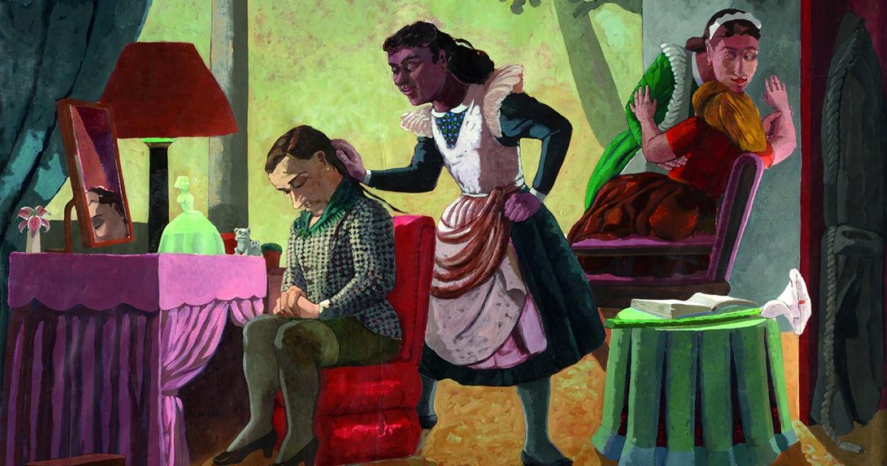 Las Criadas, acrylic painting on paper and canvas signed by the Portuguese author in 1987. 