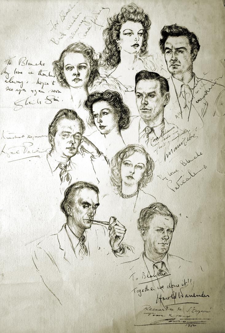 The original drawing with the pencil sketches and the actors' messages, starting with Ava Gardner.