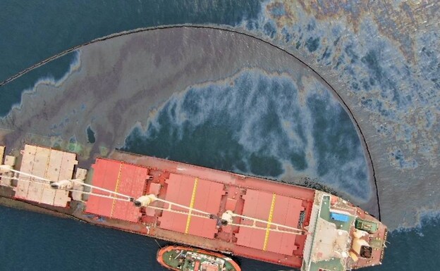 A view of the stricken ship and its fuel spill on Thursday. 