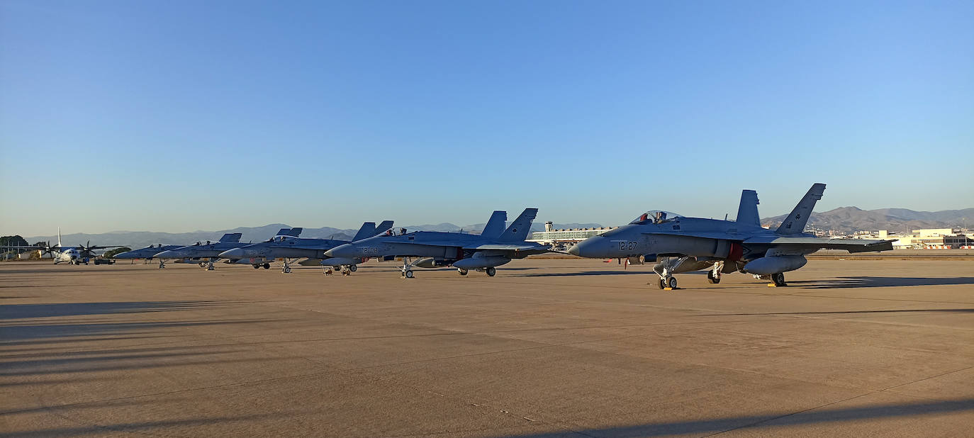 F-18 fighters fly over the surroundings of the airport and the Bay of Malaga 