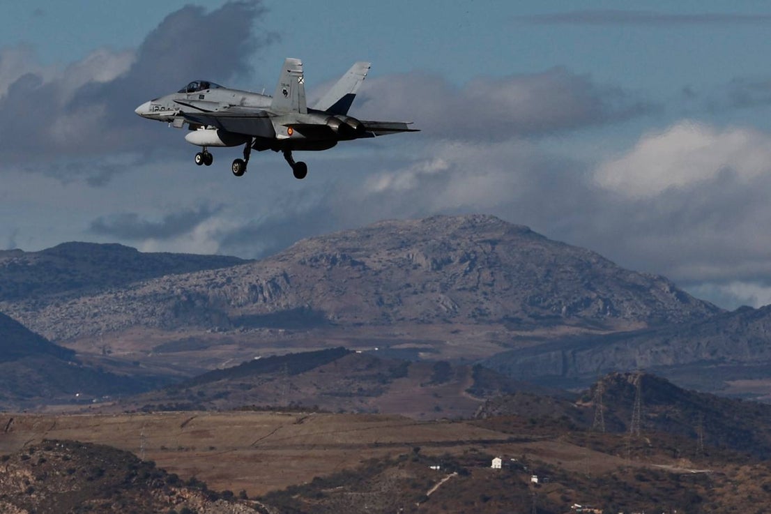 F-18 fighters fly over the surroundings of the airport and the Bay of Malaga 