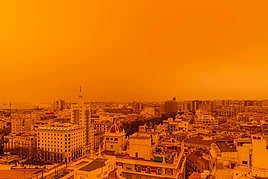 Skies over Malaga city centre during the historic calima of March 2022.