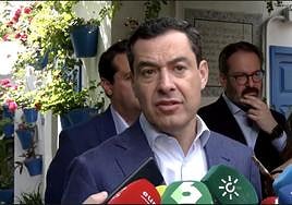 President of the Junta de Andalucía Juanma Moreno talks to reporters in Cordoba.