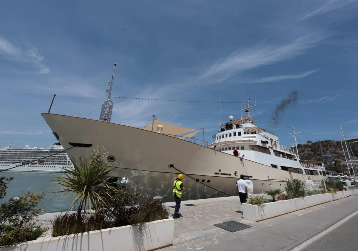 The luxury vessel moored in the Port of Malaga.