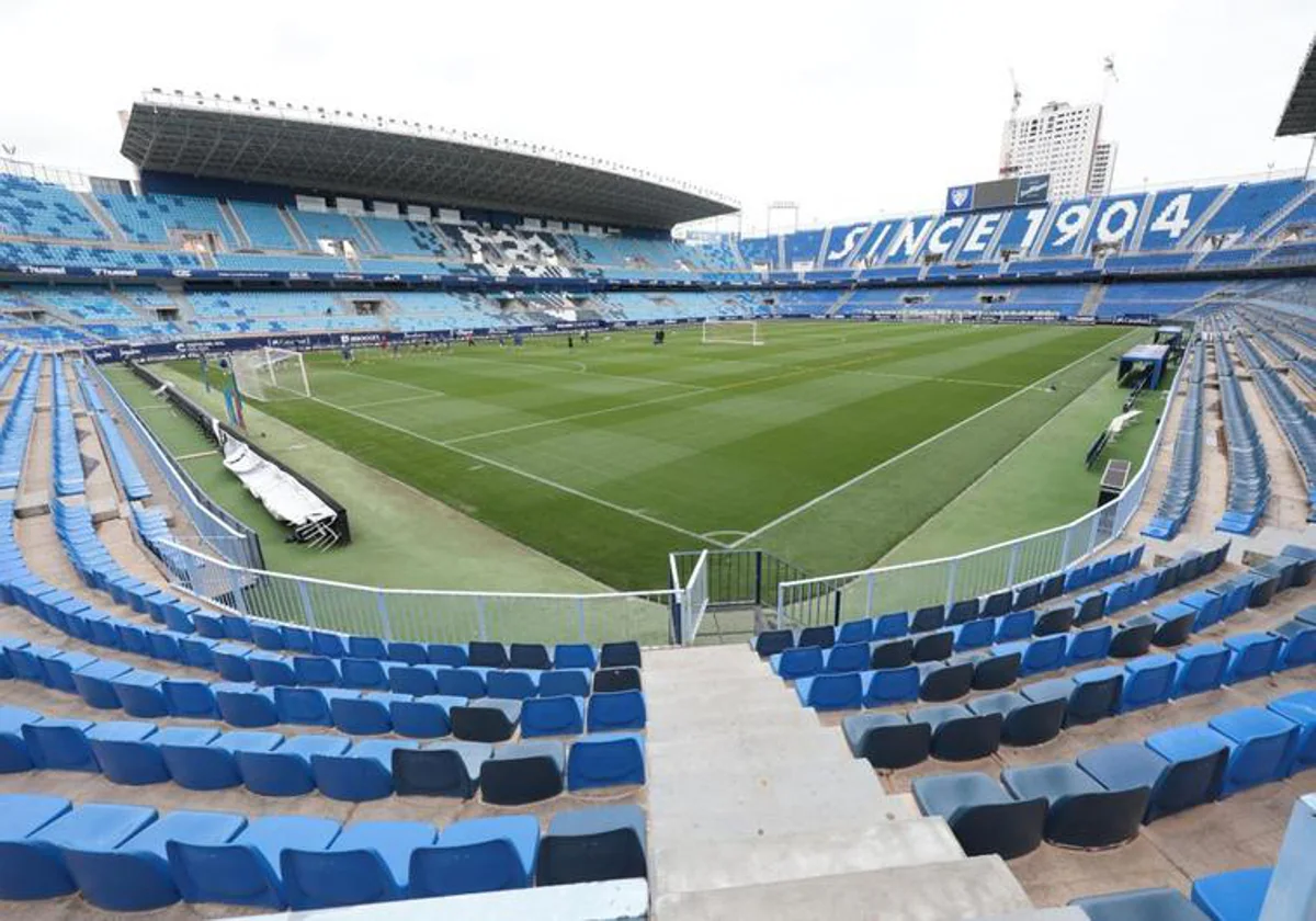 Panoramic view of La Rosaleda stadium during a Malaga CF training session this week.