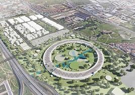 an artist's impression of the circular ring that would house the pavilions on the grounds of Buenavista for Expo 2027