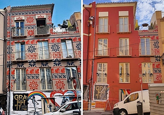 On the left, the building with the decoration. On the right, in the process of being painted over.