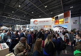 People swarm to the Costa del Sol stand at the World Travel Market in London.