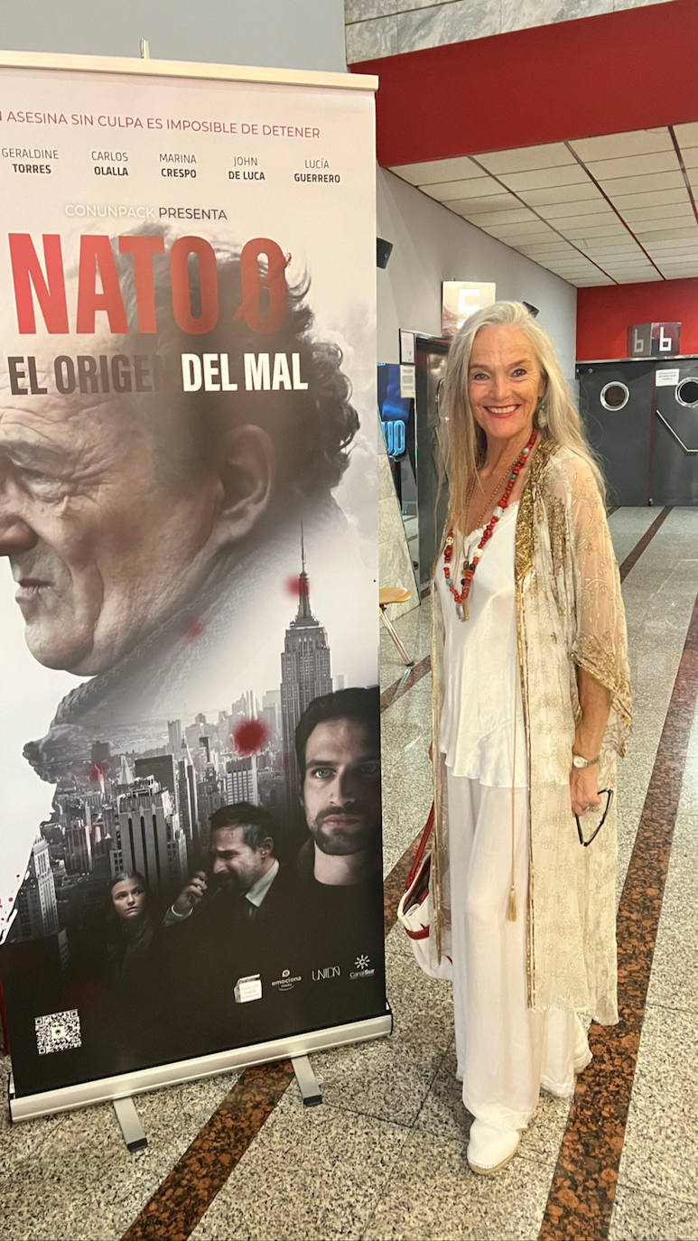Sally Harrison with the poster for the recent Spanish film, Nato 0, El Origen del Mal in which she stars.